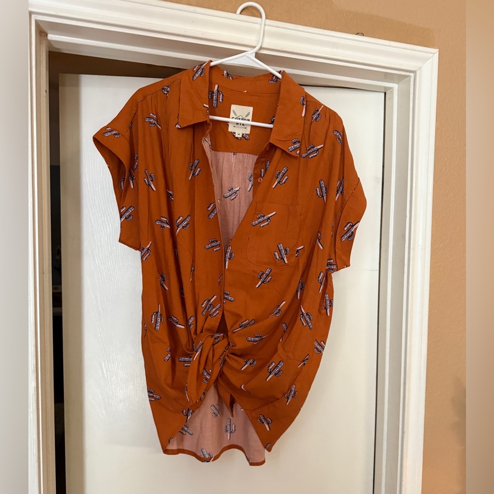 Orange Cactus Print Button Down Shirt